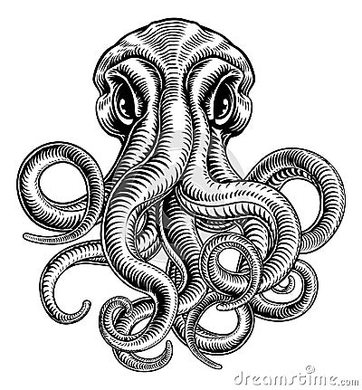 Octopus or Cthulhu Squid Monster Vintage Woodcut Vector Illustration