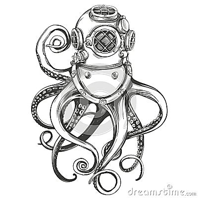 octopus in a diver helmet, old underwater diving helmet hand drawn vector illustration sketch Vector Illustration