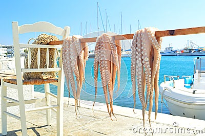 Octopus drying in the sun, Naxos island, Cyclades, Greece Stock Photo