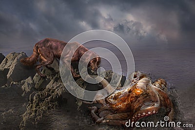 An octopus is eating a dog.manipulation photo of dog and otupus in the sea, fantasy Stock Photo