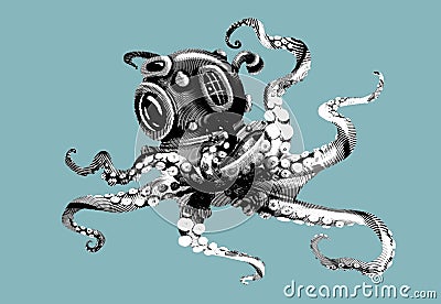 octopus engraving in an underwater helmet. Realistic octopus illustration. Cartoon Illustration