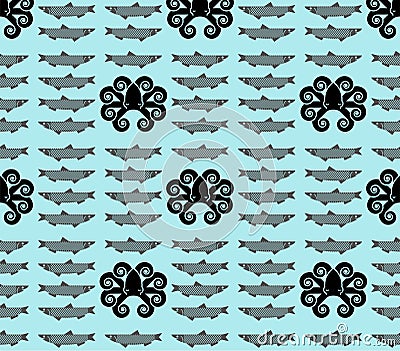 Octopus and fish pattern seamless. Nautical poulpe background. marine devilfish ornament. Ocean texture Vector Illustration