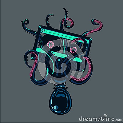 Octopus is holding a stereo cassette in tentacles. Old school hip-hop poster. Vector Illustration