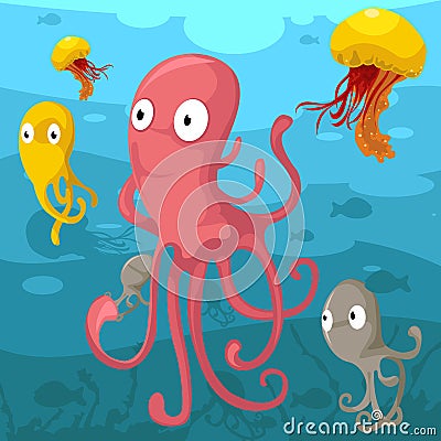 Octopus and jelly fish Vector Illustration