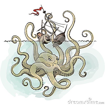 Octopus Kraken attacks the boat Vector Illustration