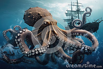 octopus kraken attacks submarine, its tentacles wrapping around the vessel Stock Photo