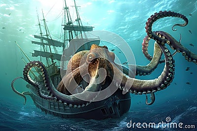 octopus kraken attacks submarine, its tentacles wrapping around the vessel Stock Photo