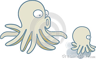 Octopus, squid Mom and Son diving in the blue ocean Vector Illustration