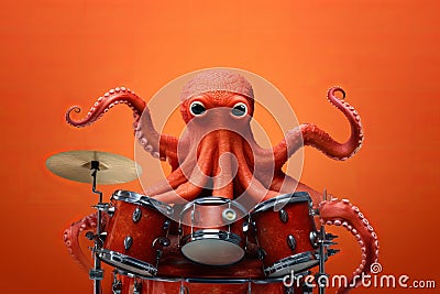 An octopus musician playing the drums in a band. Generative ai Stock Photo