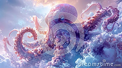 Octopus in the ocean. 3D rendering. Fantasy illustration. Generative AI Cartoon Illustration