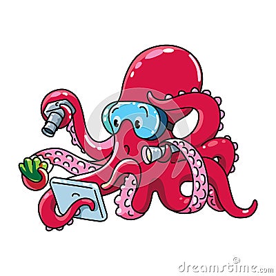 Octopus oceanographer ABC Funny animals alphabet O Vector Illustration