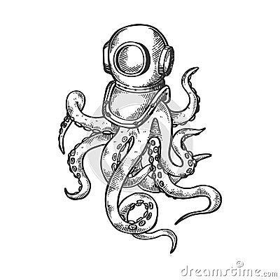 Octopus and old diver helmet engraving vector Vector Illustration