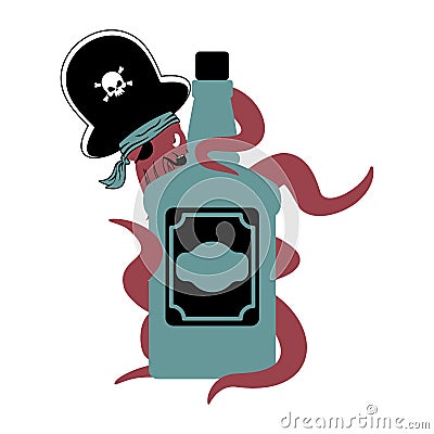 Octopus pirate and bottle of rum. poulpe buccaneer and brandy. E Vector Illustration