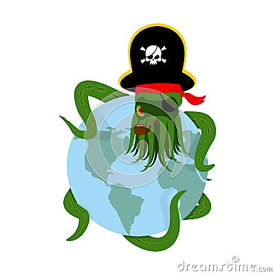 Octopus pirate and earth. poulpe buccaneer and planet. Eye patch Vector Illustration