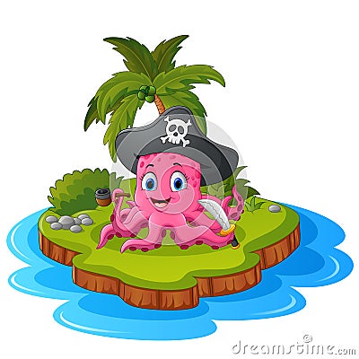 Octopus pirate in island Vector Illustration