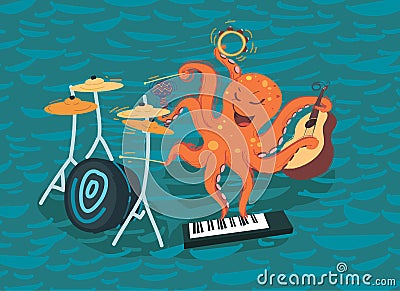 Octopus Plays Music Vector Illustration
