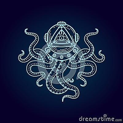Octopus in retro deep diving suit. Eye of Providence. Vector Illustration