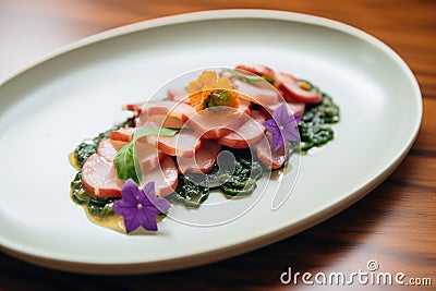 octopus sashimi with shiso leaf on top Stock Photo