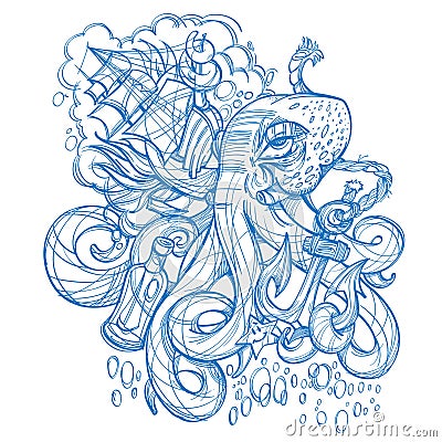 Octopus, a ship and a frigate anchored outline sketch of a tattoo. Monochrome illustration for design t-shirts and other items. Cartoon Illustration