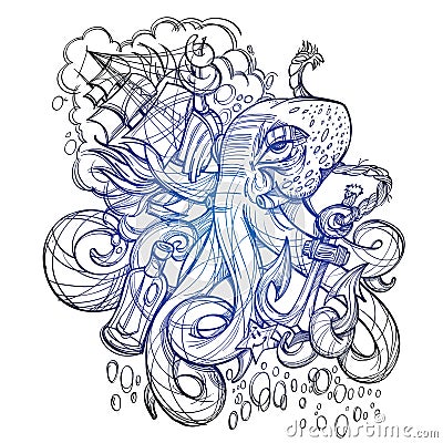 Octopus, a ship and a frigate anchored outline sketch of a tattoo. Monochrome illustration for design t-shirts and other Vector Illustration