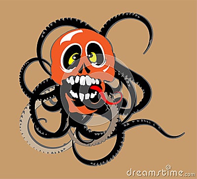 Octopus with skull and worms eye tattoo Vector Illustration