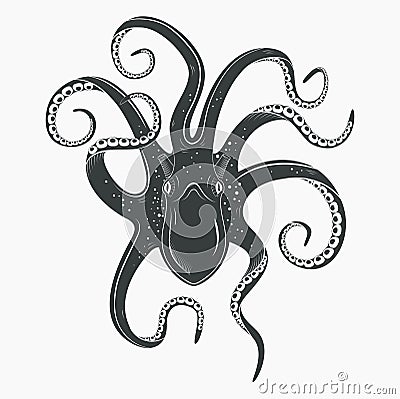 Octopus tattoo upside down, mollusk or squid Vector Illustration