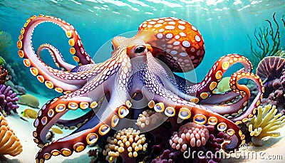 Octopus tropical sea water habitat coral camouflage Cartoon Illustration