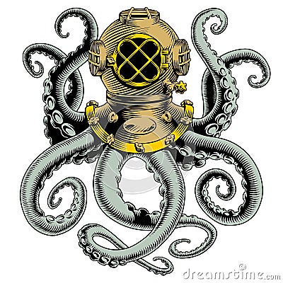 Octopus and vintage diver helmet. Kraken tentacles. T-shirt design, tattoo or label. Comic style vector illustration Vector Illustration