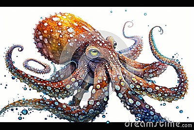 Octopus watercolor, Close up predator animals wildlife. ultra high resolution, Isolated on White Background Stock Photo