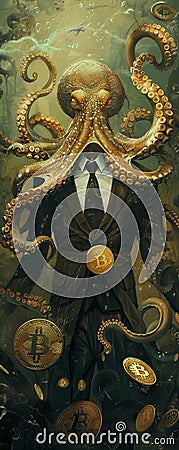 An octopus wearing a business suit trading Bitcoin with a flurry of tentacles a mogul of the sea and finance Stock Photo