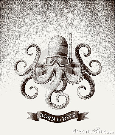 Octopus wearing a mask for diving under water. Vector illustration in style of vintage etchings Vector Illustration