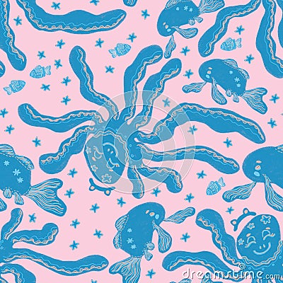 octopussy sea ocean blue fish pattern illusrtration stars pink background Vector Illustration