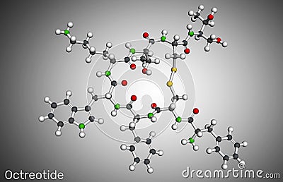 Octreotide molecule. It is octapeptide, synthetic somatostatin analogue, inhibitor of growth hormone, glucagon, insulin. Molecular Stock Photo