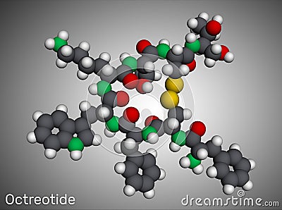 Octreotide molecule. It is octapeptide, synthetic somatostatin analogue, inhibitor of growth hormone, glucagon, insulin. Molecular Stock Photo