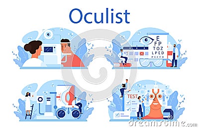 Oculist concept set. Idea of eye exam and treatment. Eyesight diagnosis Vector Illustration