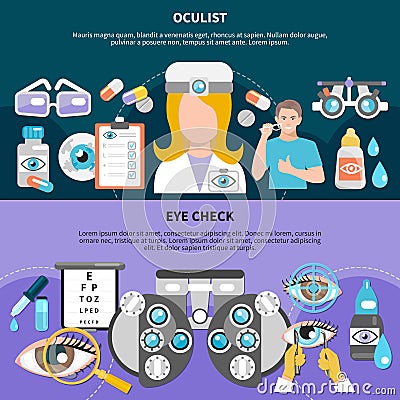 Oculist Eye Examination Banners Vector Illustration