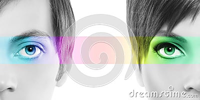 Oculistic concept, portrait half woman half man, eyes colorful r Stock Photo