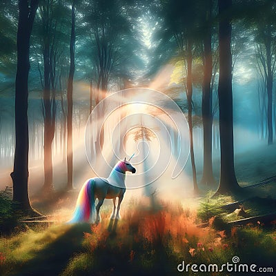 Magic unicorn in the forest. Fairytale scene. Stock Photo