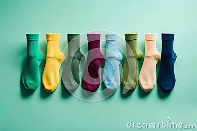 Odd socks day concept. Unique socks on pastel green background. Copy space Stock Photo