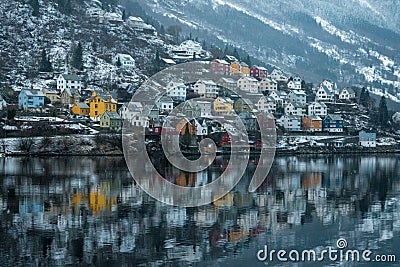 Odda Norway Fjord colorful houses reflections Stock Photo