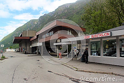 Odda, Norway - June 20, 2018: View of bus station in Odda, a popular tourist destination located at the end of the Sorfjorden and Editorial Stock Photo