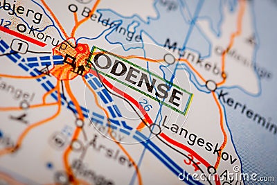 Odense City on a Road Map Stock Photo
