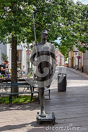 The tin soldier statue from the tale of writer H.C. Andersen at Odense on Denmark Editorial Stock Photo