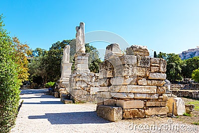 Odeon of Agrippa statues in Ancient Agora, Athens, Greece Stock Photo