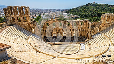 Odeon of Herodes Atticus at Acropolis of Athens, Greece. It is one of top landmarks of Athens. Panoramic view of ancient theater Stock Photo