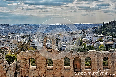 Odeon of Herodes Atticus theater and Athens panorama Editorial Stock Photo