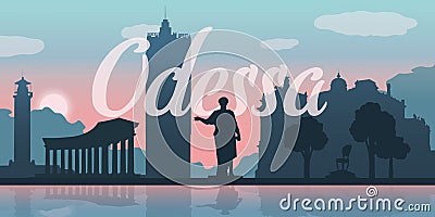 Odessa architecture silhouettes skyline pink sunset Vector Illustration