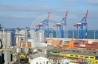 Odessa cargo port with grain dryers and colourful cranes,Ukraine,Black Sea,Europe Stock Photo