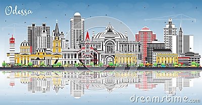 Odessa city skyline with color buildings, blue sky and reflections. Odesa cityscape with landmarks. Business travel and tourism Cartoon Illustration