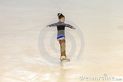 ODESSA, UKRAINE -11 Apr 2019: Young children figure skating on ice arena of stadium. Little girls learn to skate. School of figure Editorial Stock Photo